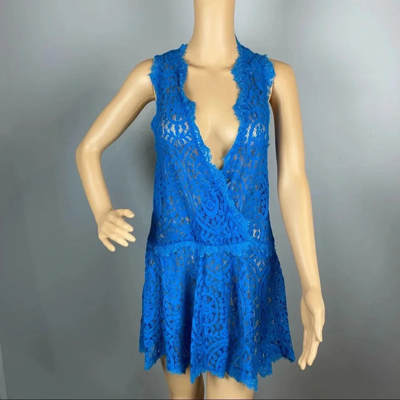 Free People Size XS Teal/Aqua Lace Mini Dress Heart in Two Drop Waist Sheer - Picture 1 of 5